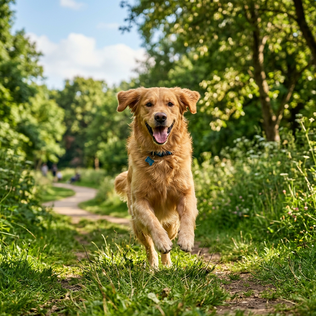 Happy golden retriever running