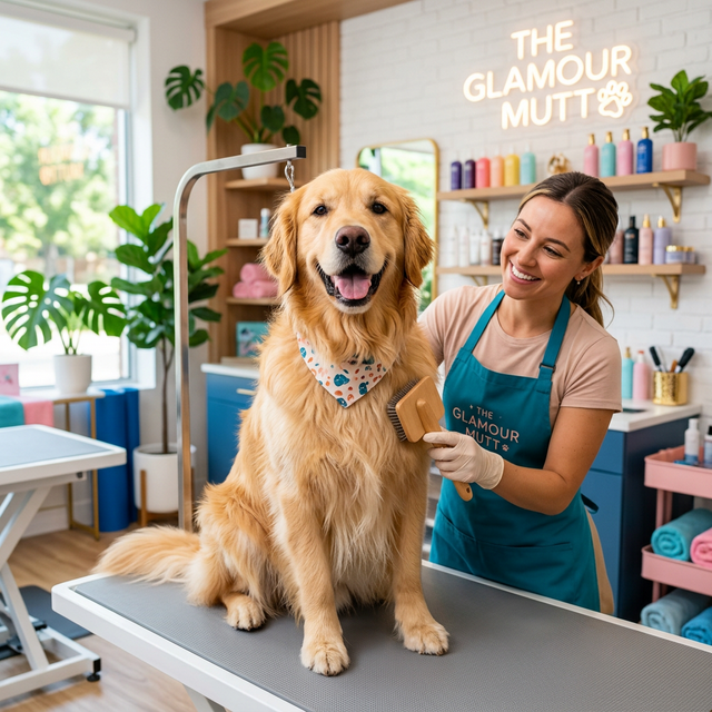 Happy golden retriever getting groomed