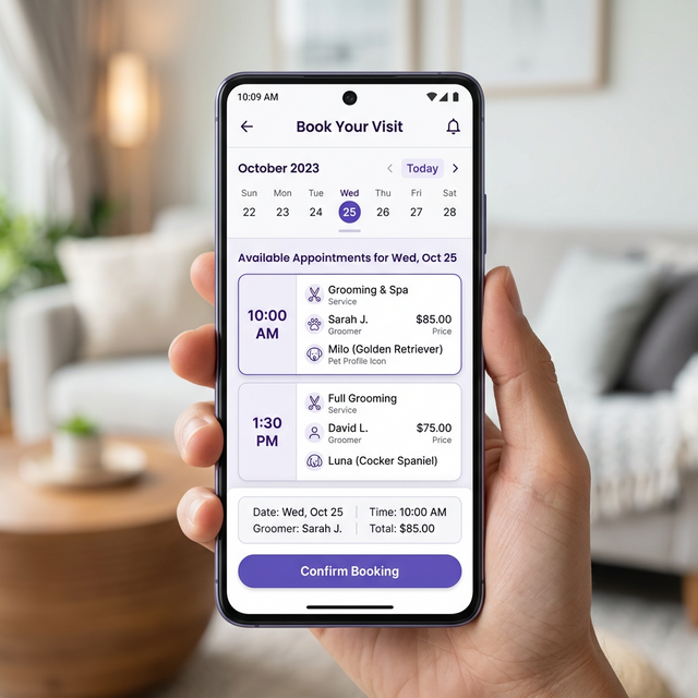 PawPlanr mobile interface showing unbranded booking screen